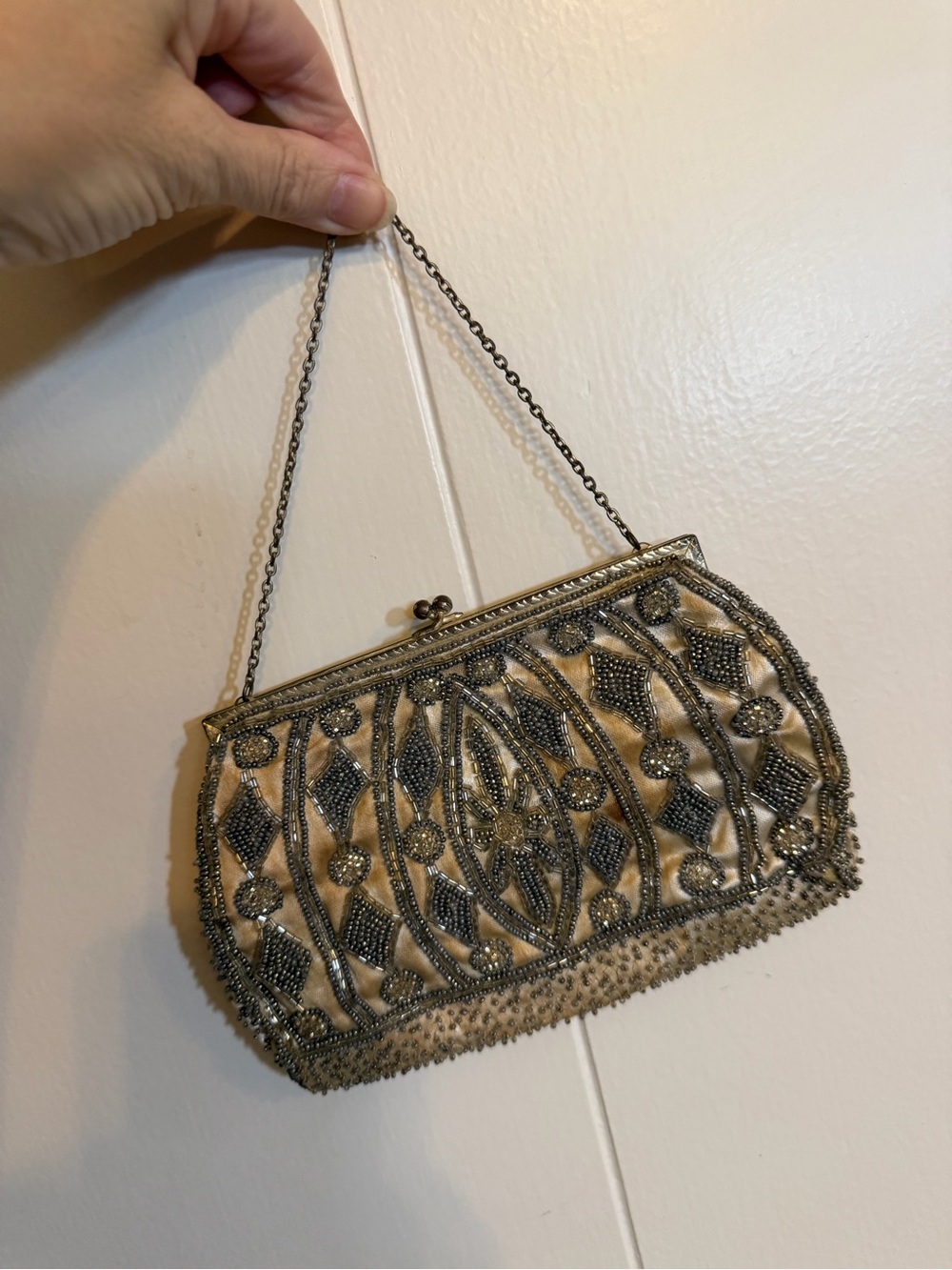 Vintage Beaded Evening Clutch in Ivory with Silver and Grey Beading